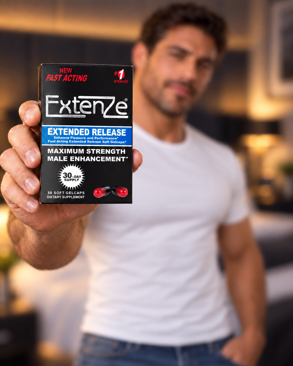 Man holding Extenze male enhancement supplement box